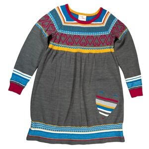 Hanna Andersson Sweater Dress Kids 130 (US 8) Gray Fair Isle Heart Wool Blend